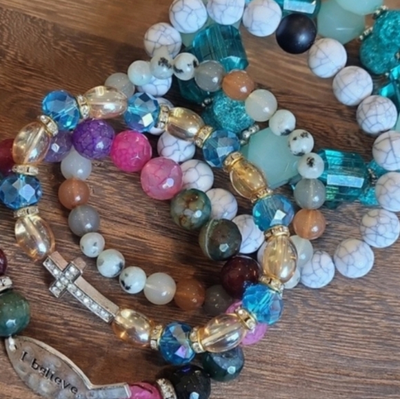 Multicolored Stretchy Beaded Bracelets, Cross, I Believe Christian Jesus Fish - Picture 2 of 7